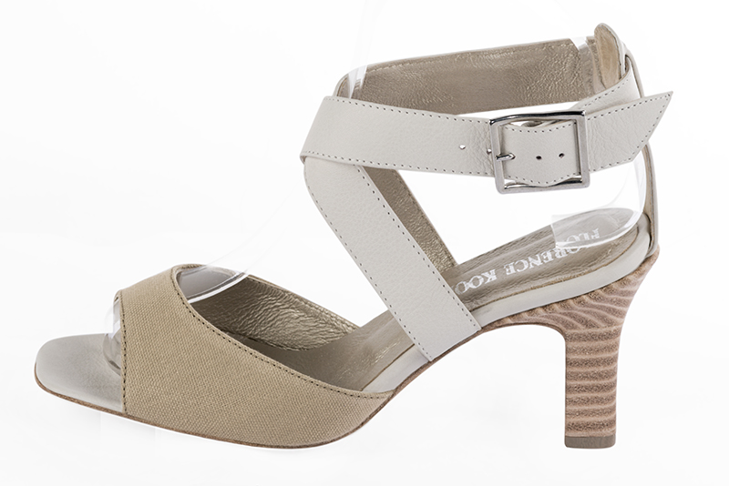 Off white and tan beige women's open back sandals, with crossed straps. Square toe. High kitten heels. Profile view - Florence KOOIJMAN